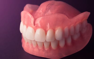 Upper and lower dentures on display made by Bendigo Dental group laboratory